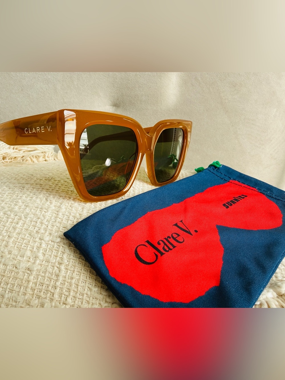 Clare V- “Heather” Cat-Eye Sunglasses - Amber Frame with Dark Green Lenses